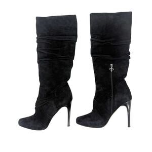 Donald J Pliner ETTA black leather suede BOOTS women's 7M knee high heels ruched